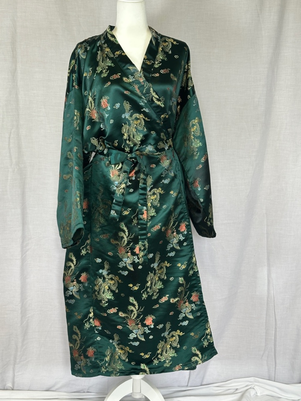 Emerald Green Floral Satin Wrap Coat Kimono - Picture 4 of 13